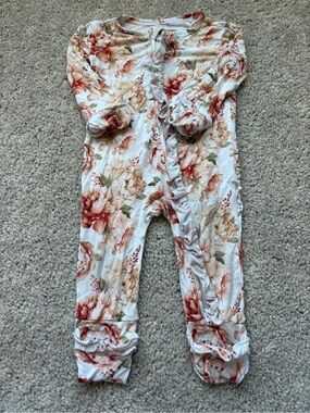 Gigi & Max Floral Ruffle Footed One-Piece - Cream with Rust & Tan Floral